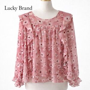 Lucky Brand pink boho semi-sheer floral print top w. ruffle detailing. Sz L.